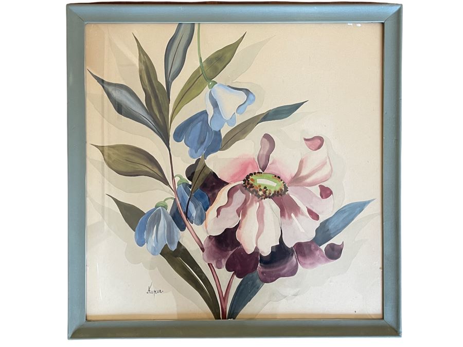 Signed Vintage Original Floral Watercolor Painting Framed 19.5 X 19.5