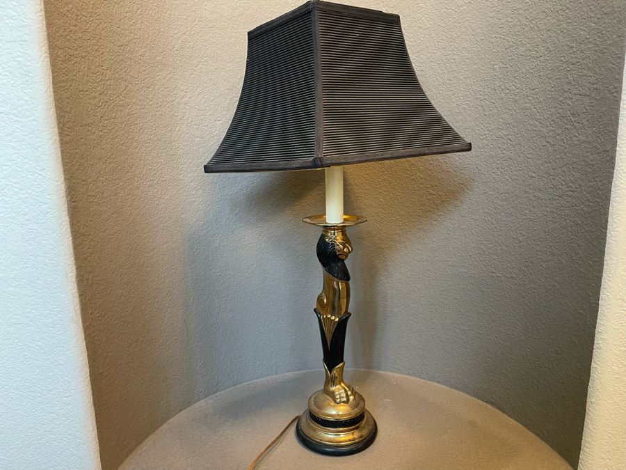 Vintage Brass Lion Table Lamp With Shade 31H [Photo 6]
