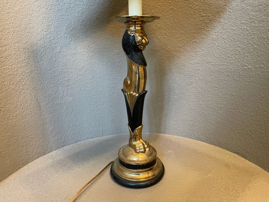 Vintage Brass Lion Table Lamp With Shade 31H [Photo 5]