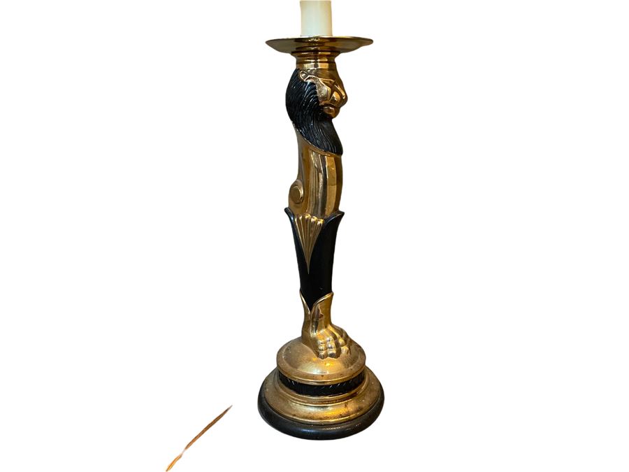 Vintage Brass Lion Table Lamp With Shade 31H [Photo 1]