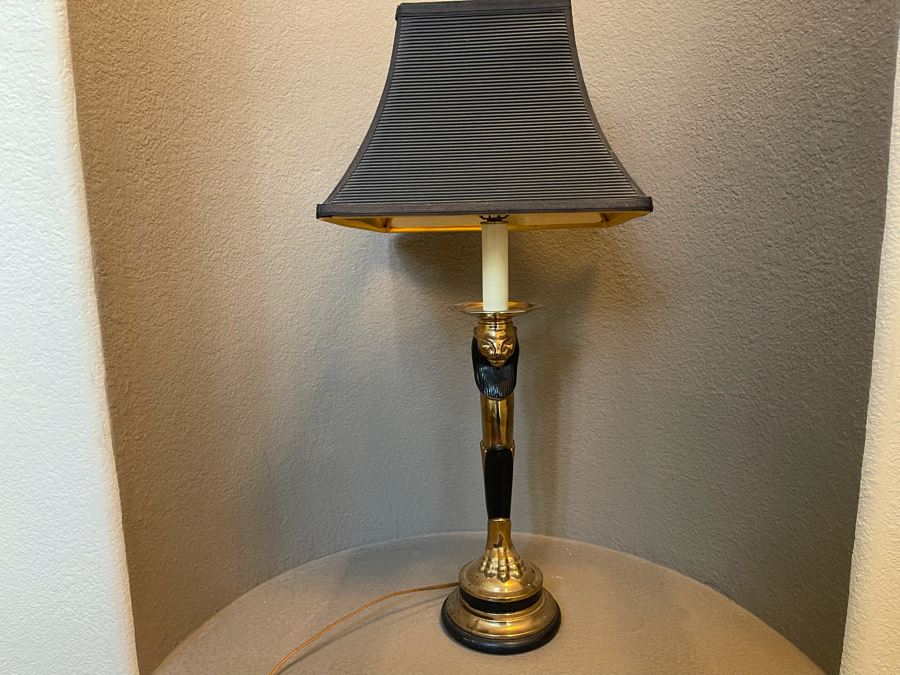 Vintage Brass Lion Table Lamp With Shade 31H [Photo 11]