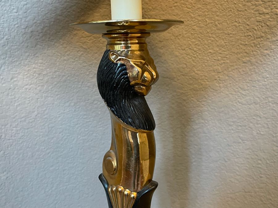 Vintage Brass Lion Table Lamp With Shade 31H [Photo 4]