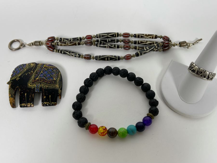 Jewelry Lot Featuring Sterling Silver Bracelet, Carved Elephant Pin, Elephant Ring And Beaded Bracelet [Photo 4]