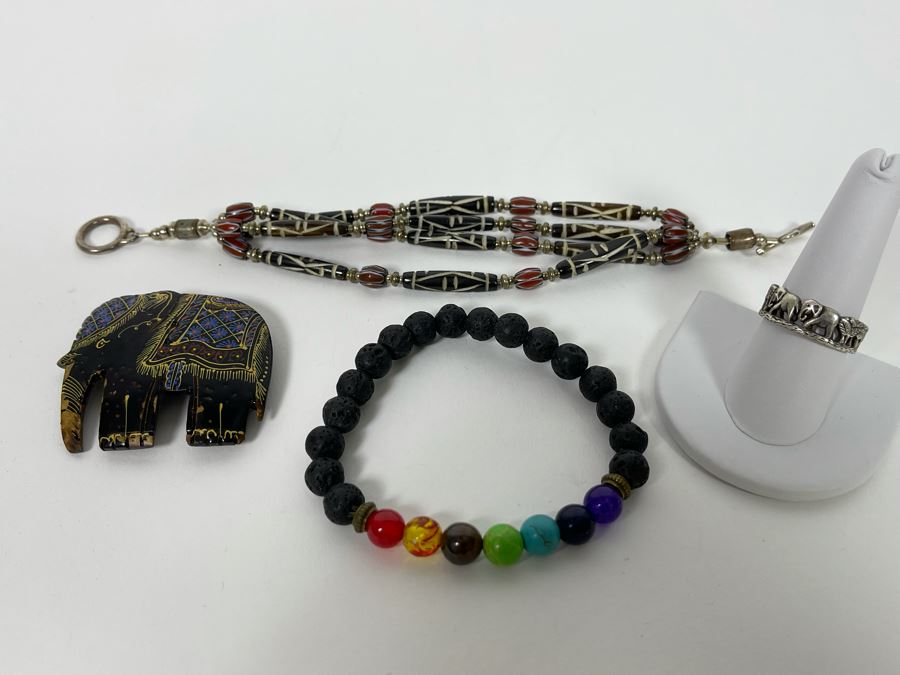 Jewelry Lot Featuring Sterling Silver Bracelet, Carved Elephant Pin, Elephant Ring And Beaded Bracelet [Photo 2]