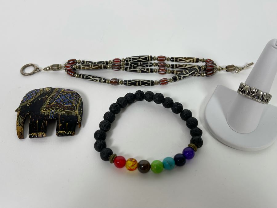 Jewelry Lot Featuring Sterling Silver Bracelet, Carved Elephant Pin, Elephant Ring And Beaded Bracelet [Photo 3]