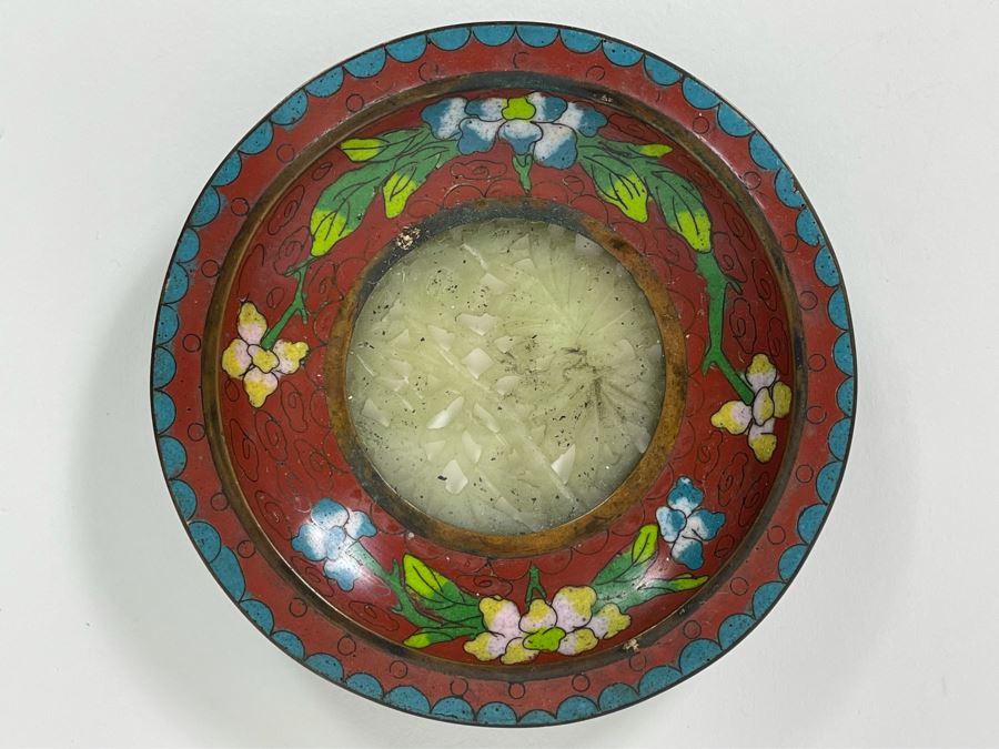 Vintage Chinese Cloisonne Dish With Jade Jadeite Carving Base 4.5R [Photo 2]