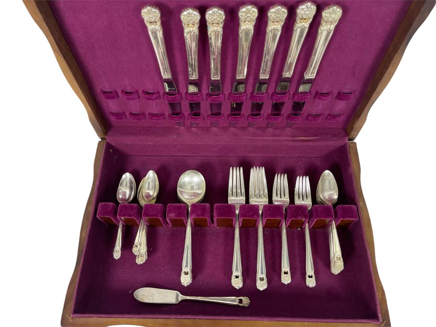 Rogers Bros Flatware Silverplate Flatware Set Eternally Yours Pattern With Wooden Storage Box Apx Service For 6 [Photo 1]