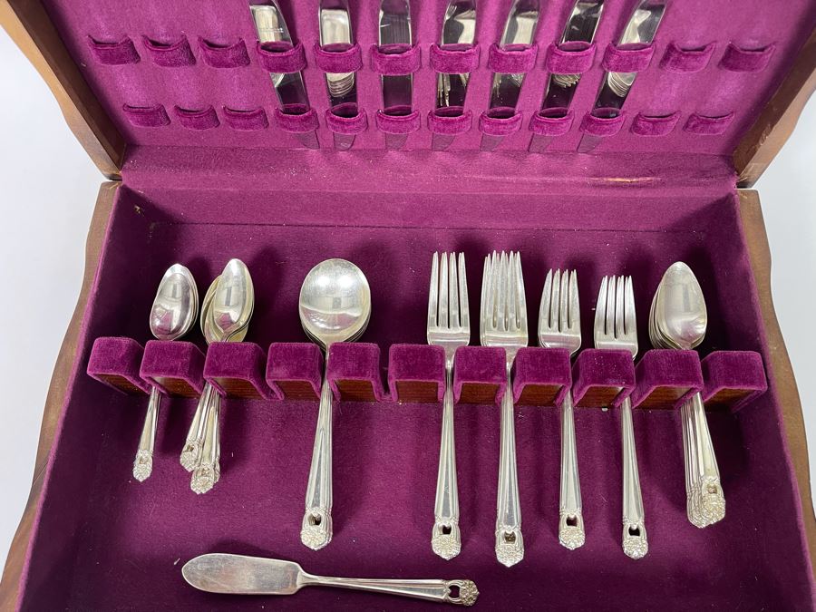Rogers Bros Flatware Silverplate Flatware Set Eternally Yours Pattern With Wooden Storage Box Apx Service For 6 [Photo 4]