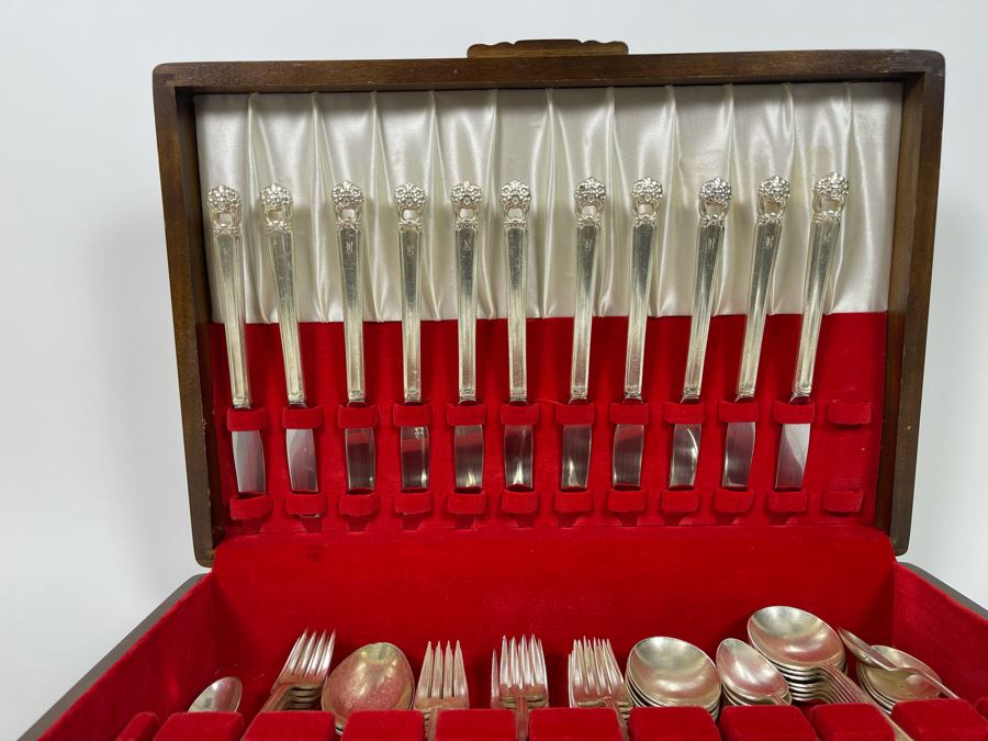 Rogers Bros Flatware Silverplate Flatware Set Eternally Yours Pattern With Wooden Storage Box Apx Service For 10 [Photo 11]