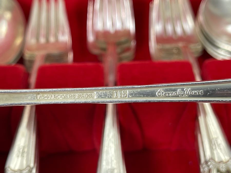 Rogers Bros Flatware Silverplate Flatware Set Eternally Yours Pattern With Wooden Storage Box Apx Service For 10 [Photo 8]