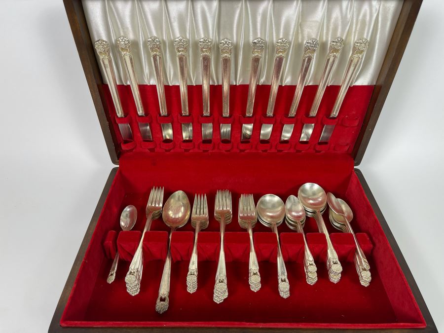 Rogers Bros Flatware Silverplate Flatware Set Eternally Yours Pattern With Wooden Storage Box Apx Service For 10 [Photo 3]