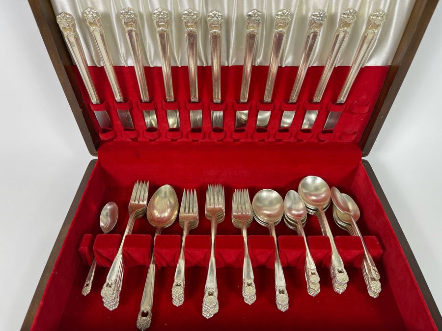 Rogers Bros Flatware Silverplate Flatware Set Eternally Yours Pattern With Wooden Storage Box Apx Service For 10 [Photo 2]