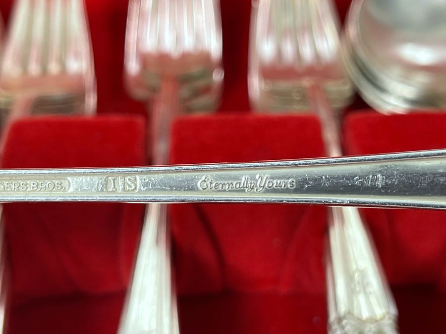 Rogers Bros Flatware Silverplate Flatware Set Eternally Yours Pattern With Wooden Storage Box Apx Service For 10 [Photo 10]
