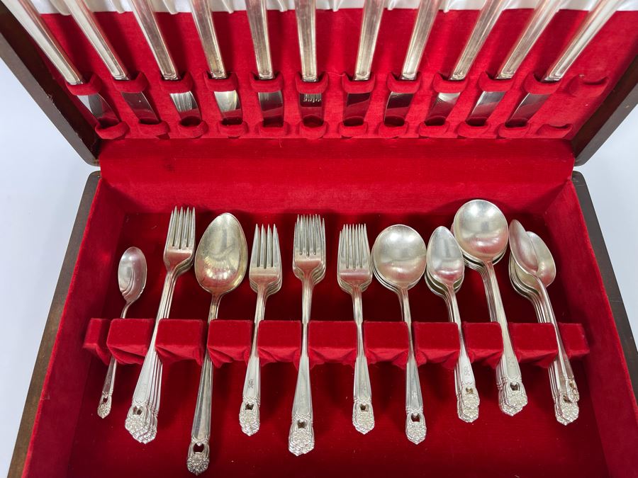 Rogers Bros Flatware Silverplate Flatware Set Eternally Yours Pattern With Wooden Storage Box Apx Service For 10 [Photo 4]