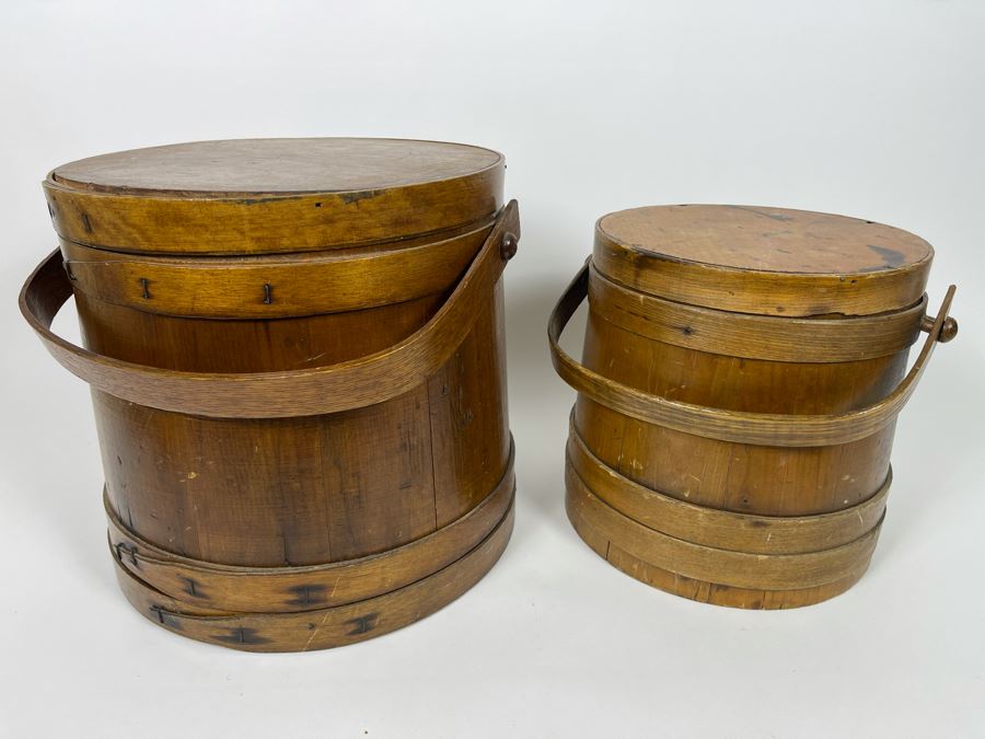 Pair Of Antique Primitive Wooden Firkin Sugar Buckets 12R X 12H / 9.5R X 10H [Photo 3]