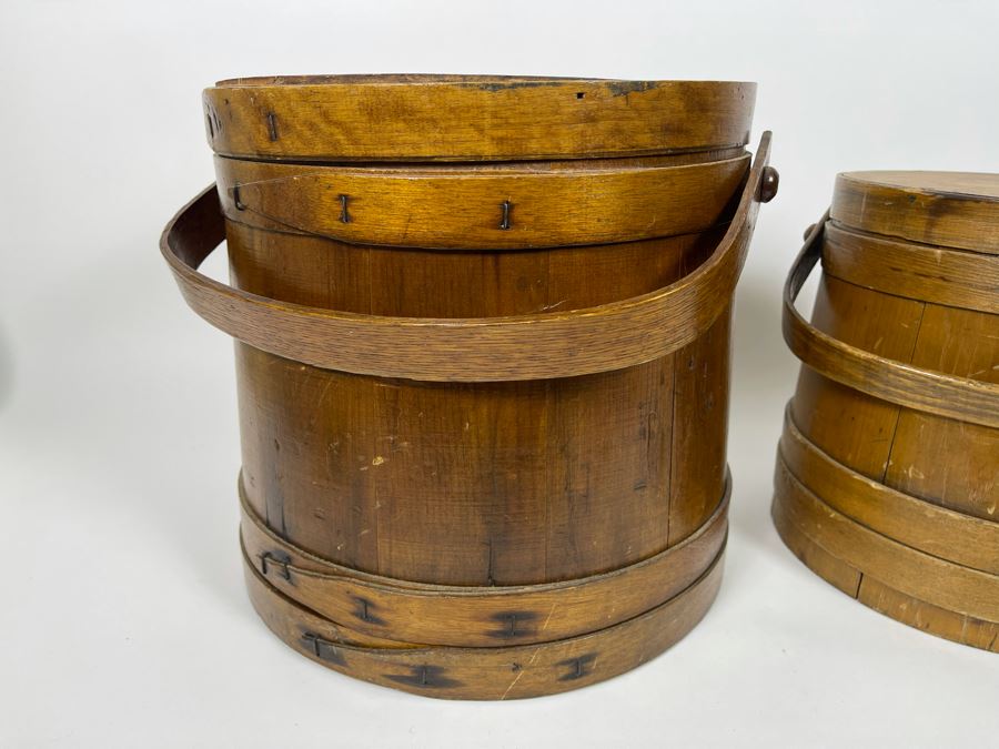 Pair Of Antique Primitive Wooden Firkin Sugar Buckets 12R X 12H / 9.5R X 10H [Photo 4]