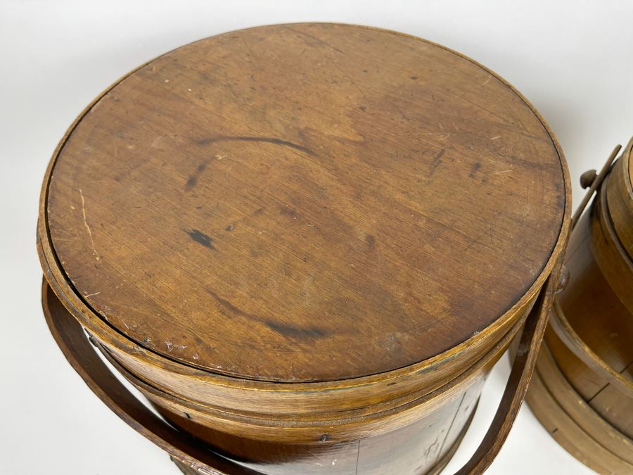 Pair Of Antique Primitive Wooden Firkin Sugar Buckets 12R X 12H / 9.5R X 10H [Photo 7]