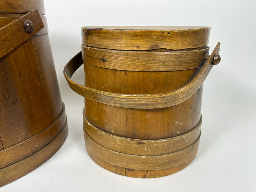 Pair Of Antique Primitive Wooden Firkin Sugar Buckets 12R X 12H / 9.5R X 10H [Photo 5]