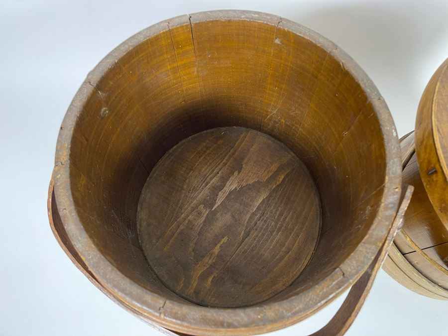 Pair Of Antique Primitive Wooden Firkin Sugar Buckets 12R X 12H / 9.5R X 10H [Photo 8]