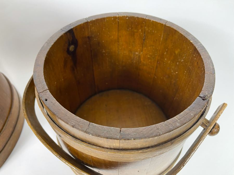 Pair Of Antique Primitive Wooden Firkin Sugar Buckets 12R X 12H / 9.5R X 10H [Photo 10]