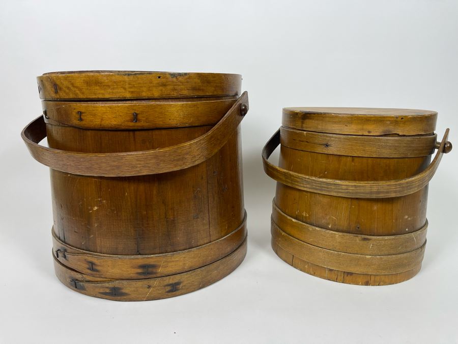 Pair Of Antique Primitive Wooden Firkin Sugar Buckets 12R X 12H / 9.5R X 10H [Photo 2]
