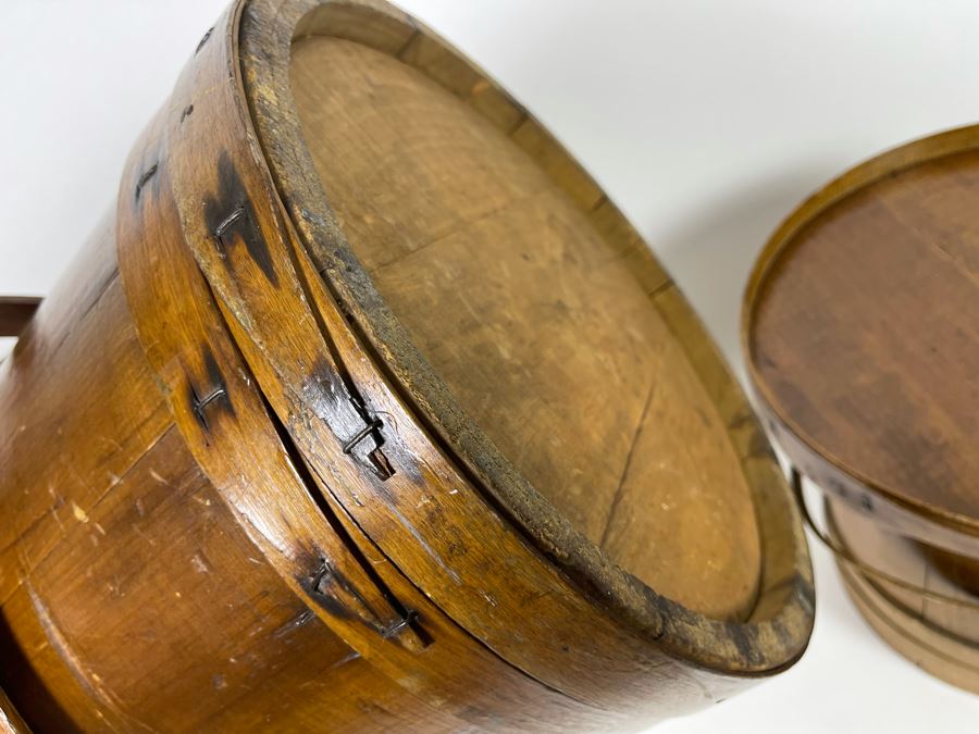 Pair Of Antique Primitive Wooden Firkin Sugar Buckets 12R X 12H / 9.5R X 10H [Photo 9]