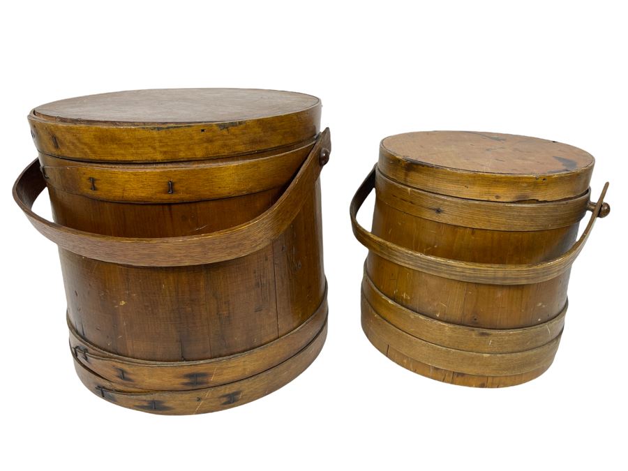 Pair Of Antique Primitive Wooden Firkin Sugar Buckets 12R X 12H / 9.5R X 10H