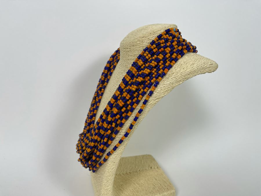 Vintage Orange And Blue Glass Beads Multi-Strand 24' Necklace [Photo 7]