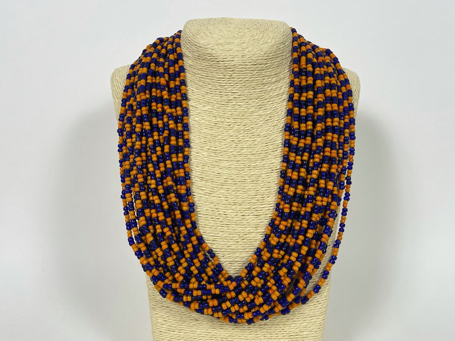 Vintage Orange And Blue Glass Beads Multi-Strand 24' Necklace [Photo 3]