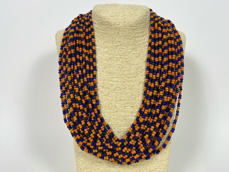 Vintage Orange And Blue Glass Beads Multi-Strand 24' Necklace [Photo 5]