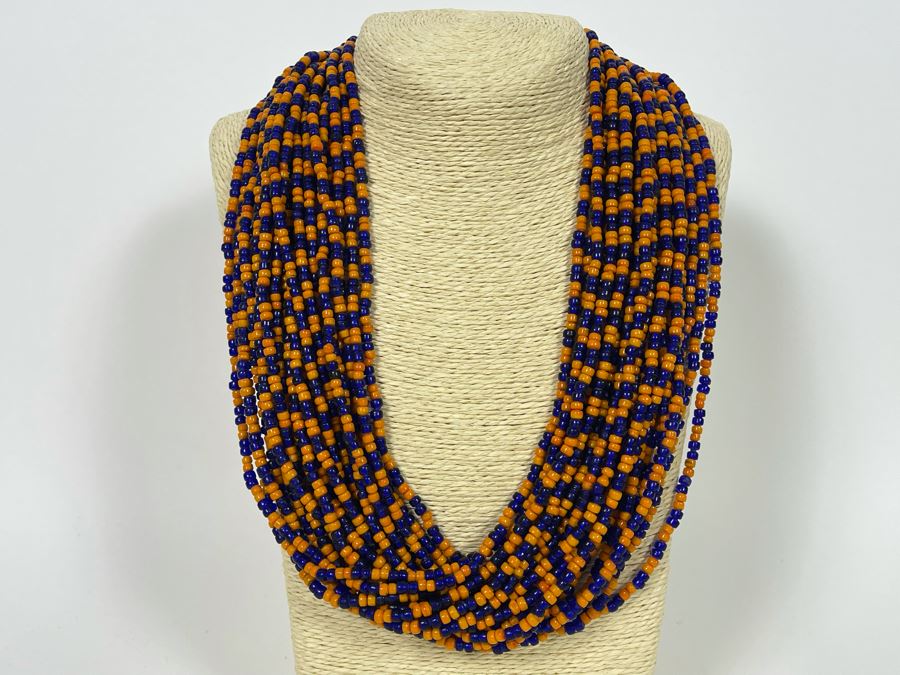 Vintage Orange And Blue Glass Beads Multi-Strand 24' Necklace [Photo 2]