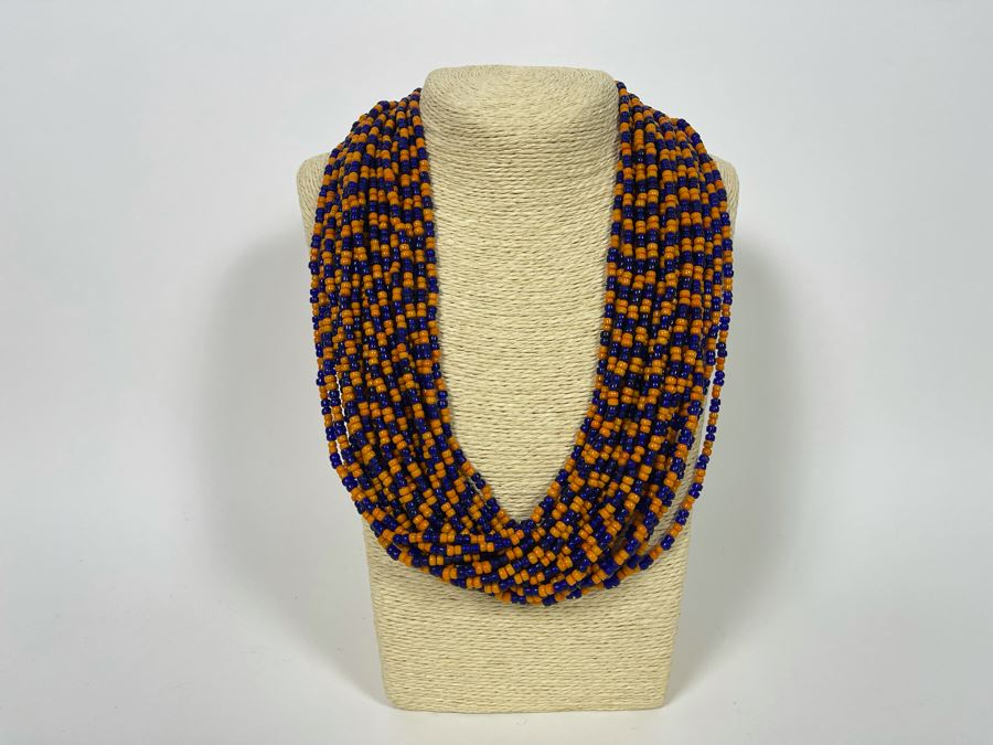 Vintage Orange And Blue Glass Beads Multi-Strand 24' Necklace [Photo 4]