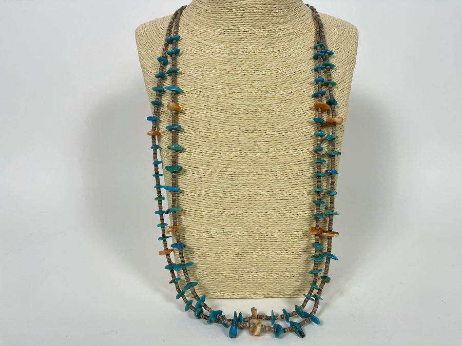 Vintage Double Strand Turquoise And Shell Heishi 32' Necklace [Photo 3]