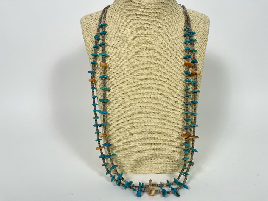 Vintage Double Strand Turquoise And Shell Heishi 32' Necklace [Photo 2]