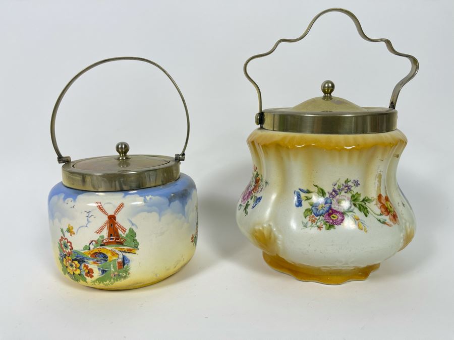 Pair Of Vintage English Biscuit Barrel Jars With Handles [Photo 2]
