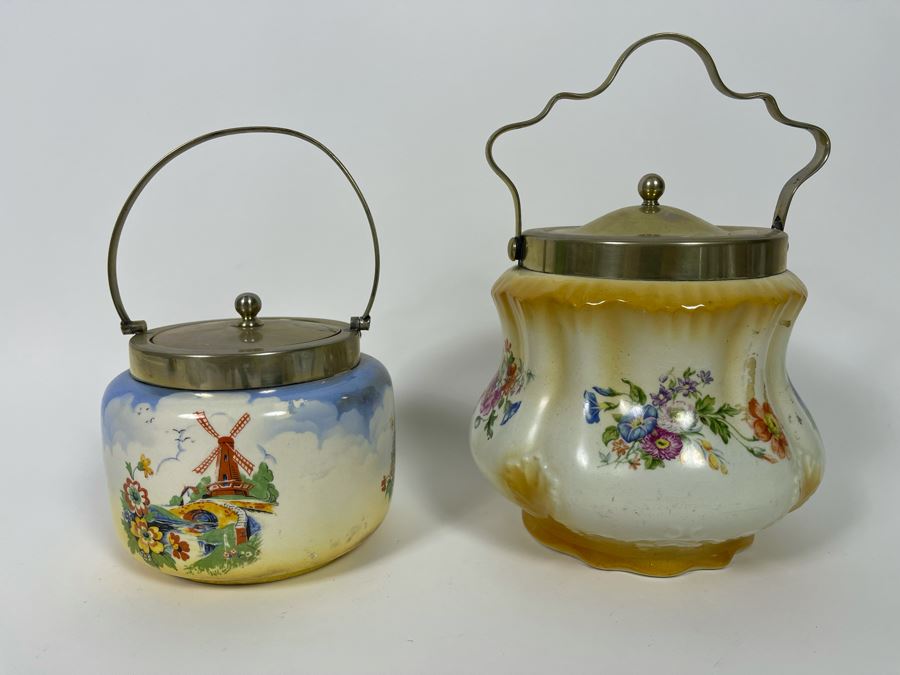 Pair Of Vintage English Biscuit Barrel Jars With Handles [Photo 3]