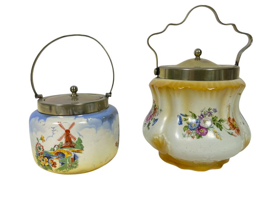 Pair Of Vintage English Biscuit Barrel Jars With Handles [Photo 1]