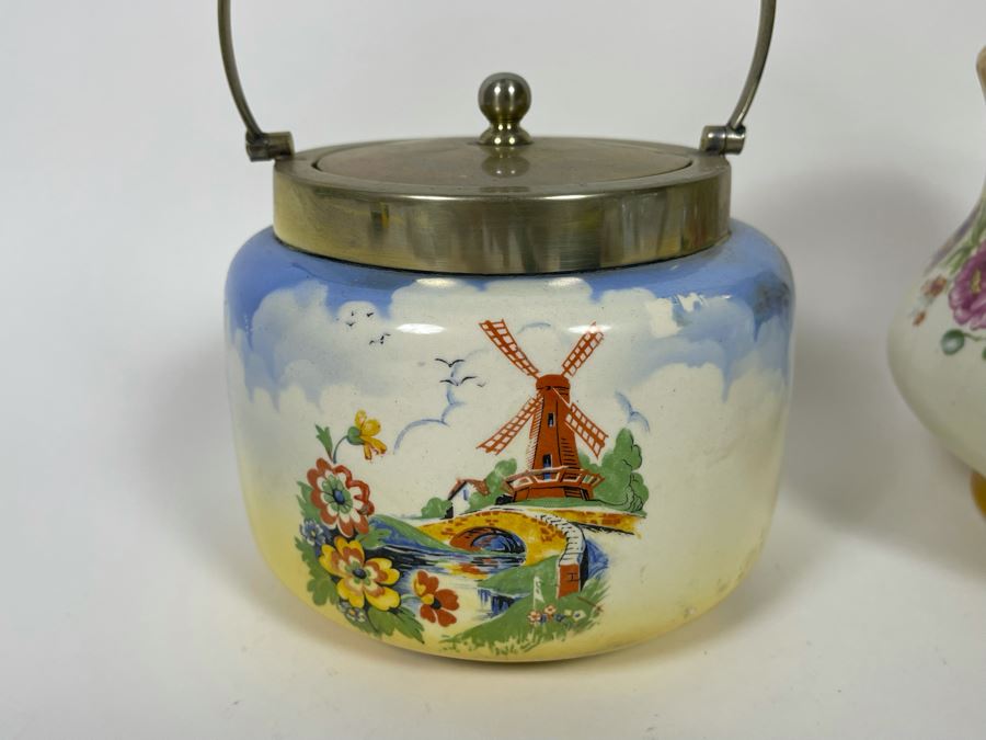 Pair Of Vintage English Biscuit Barrel Jars With Handles [Photo 4]