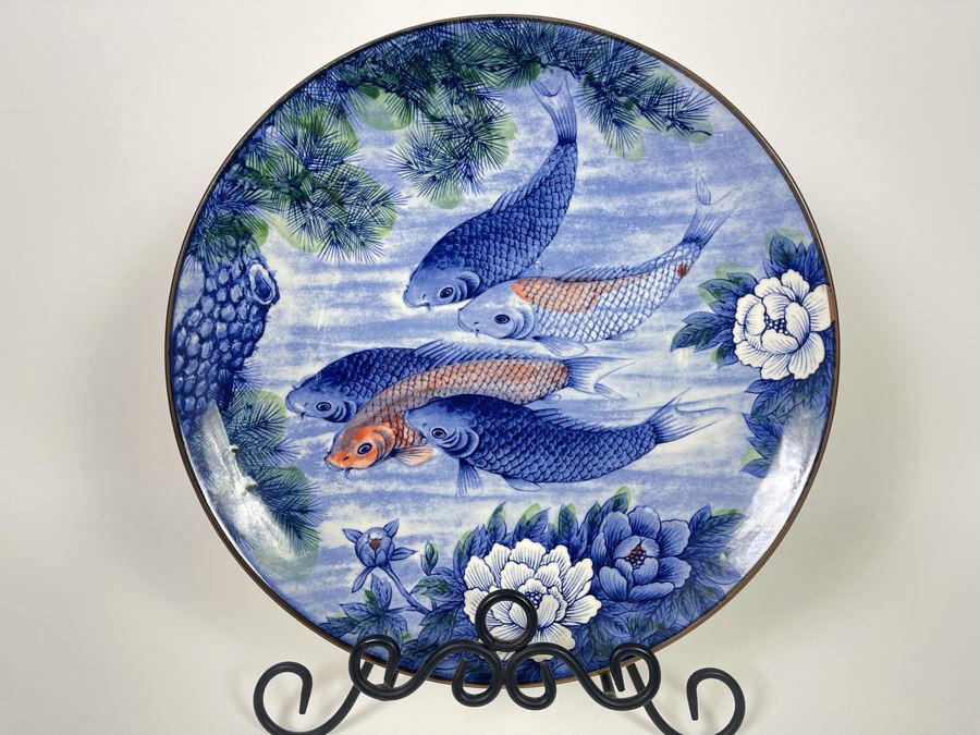 Japanese Koi Fish Charger 14.25' Plate With Stand Made In Japan [Photo 2]