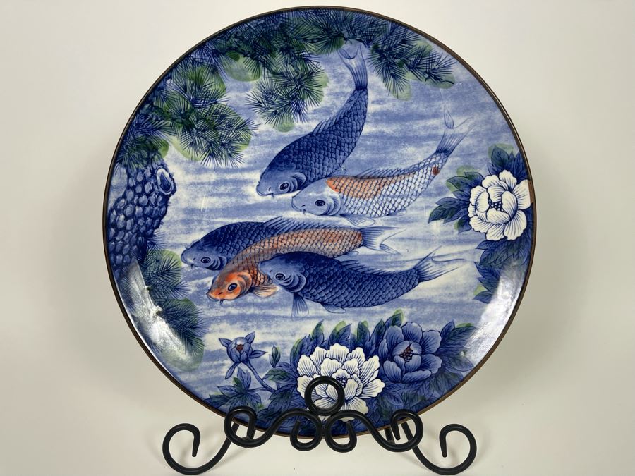 Japanese Koi Fish Charger 14.25' Plate With Stand Made In Japan [Photo 3]