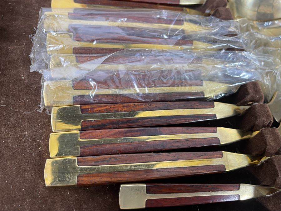 Complete Set Of Jean-Claude Mid-Century Bronze And Rosewood Flatware Collection With Wooden Storage Box [Photo 11]