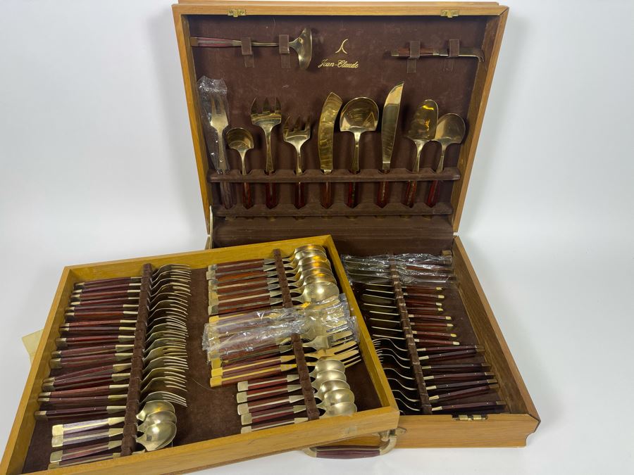 Complete Set Of Jean-Claude Mid-Century Bronze And Rosewood Flatware Collection With Wooden Storage Box [Photo 9]