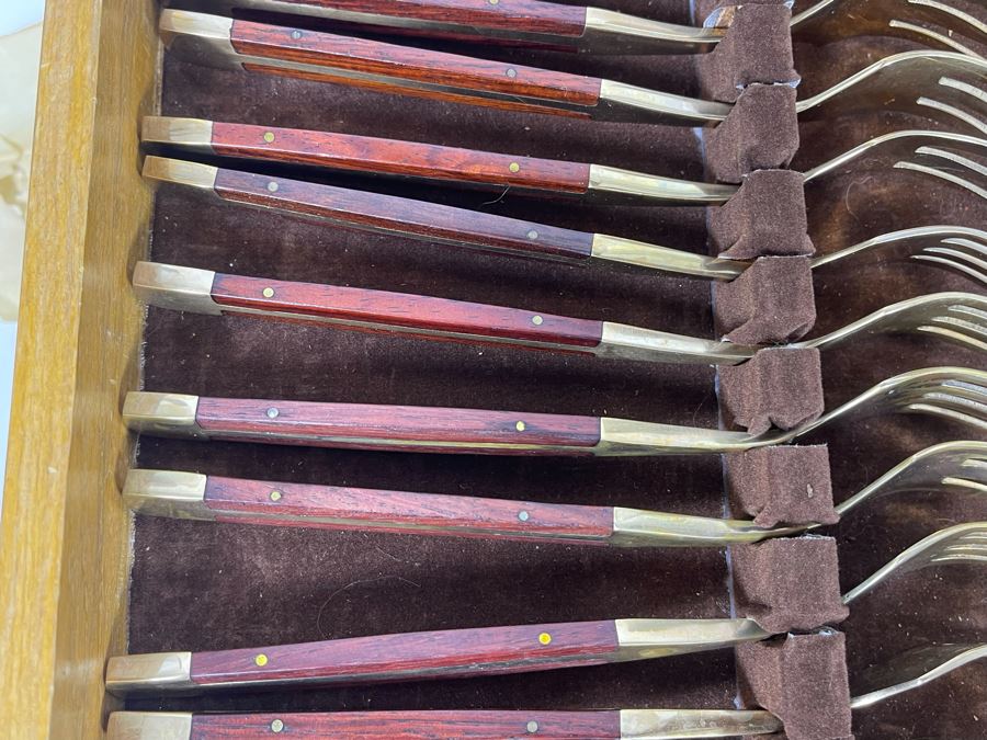 Complete Set Of Jean-Claude Mid-Century Bronze And Rosewood Flatware Collection With Wooden Storage Box [Photo 14]