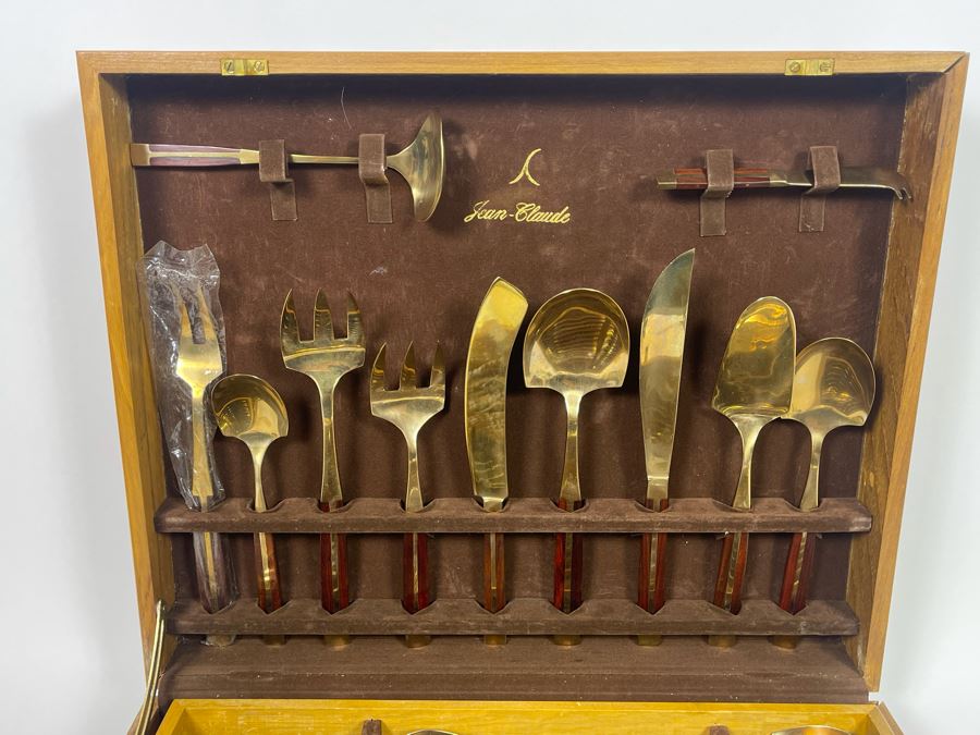 Complete Set Of Jean-Claude Mid-Century Bronze And Rosewood Flatware Collection With Wooden Storage Box [Photo 4]
