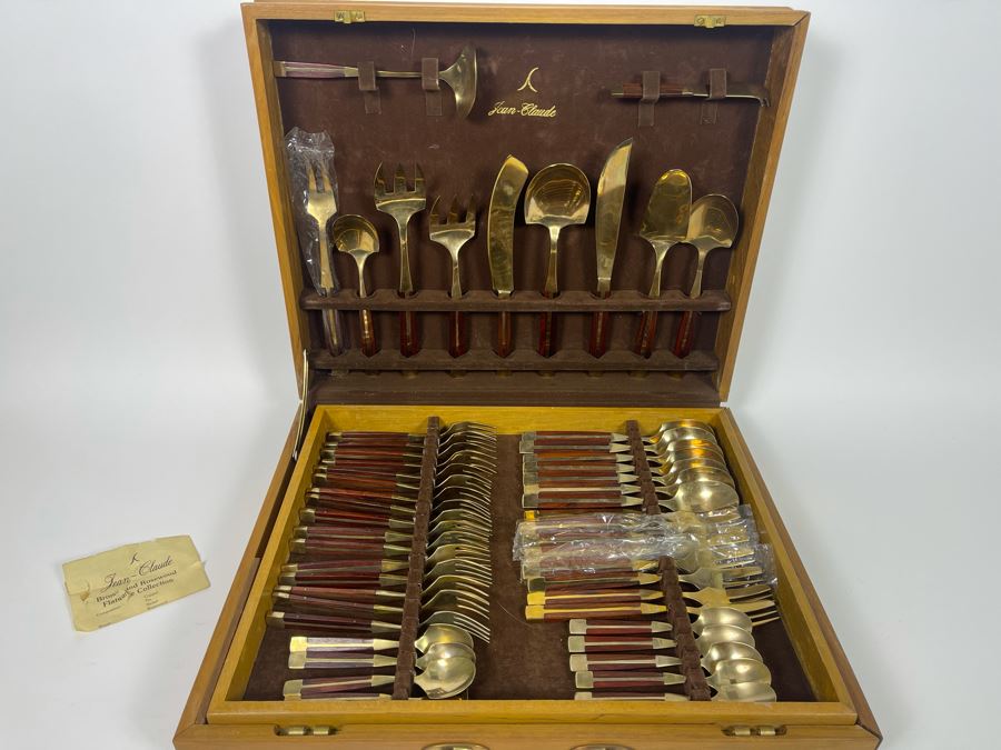 Complete Set Of Jean-Claude Mid-Century Bronze And Rosewood Flatware Collection With Wooden Storage Box [Photo 3]