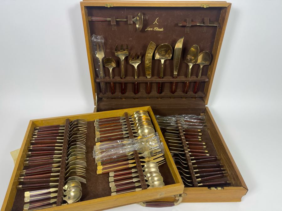 Complete Set Of Jean-Claude Mid-Century Bronze And Rosewood Flatware Collection With Wooden Storage Box [Photo 8]