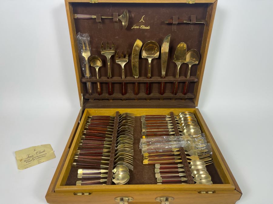 Complete Set Of Jean-Claude Mid-Century Bronze And Rosewood Flatware Collection With Wooden Storage Box [Photo 2]
