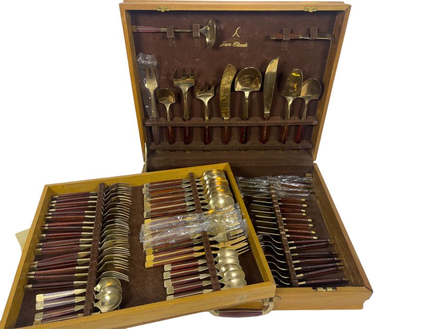 Complete Set Of Jean-Claude Mid-Century Bronze And Rosewood Flatware Collection With Wooden Storage Box