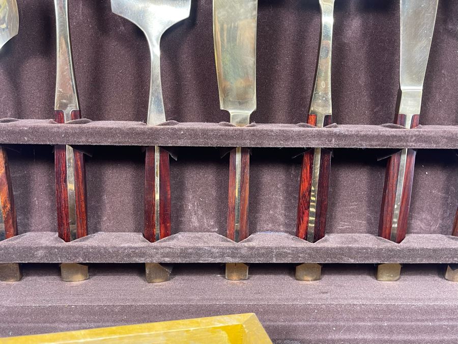 Complete Set Of Jean-Claude Mid-Century Bronze And Rosewood Flatware Collection With Wooden Storage Box [Photo 13]