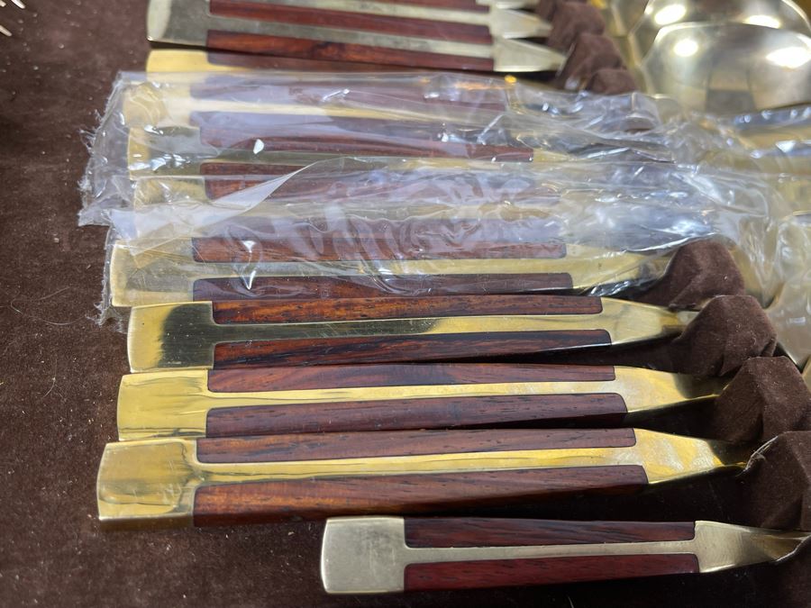 Complete Set Of Jean-Claude Mid-Century Bronze And Rosewood Flatware Collection With Wooden Storage Box [Photo 10]